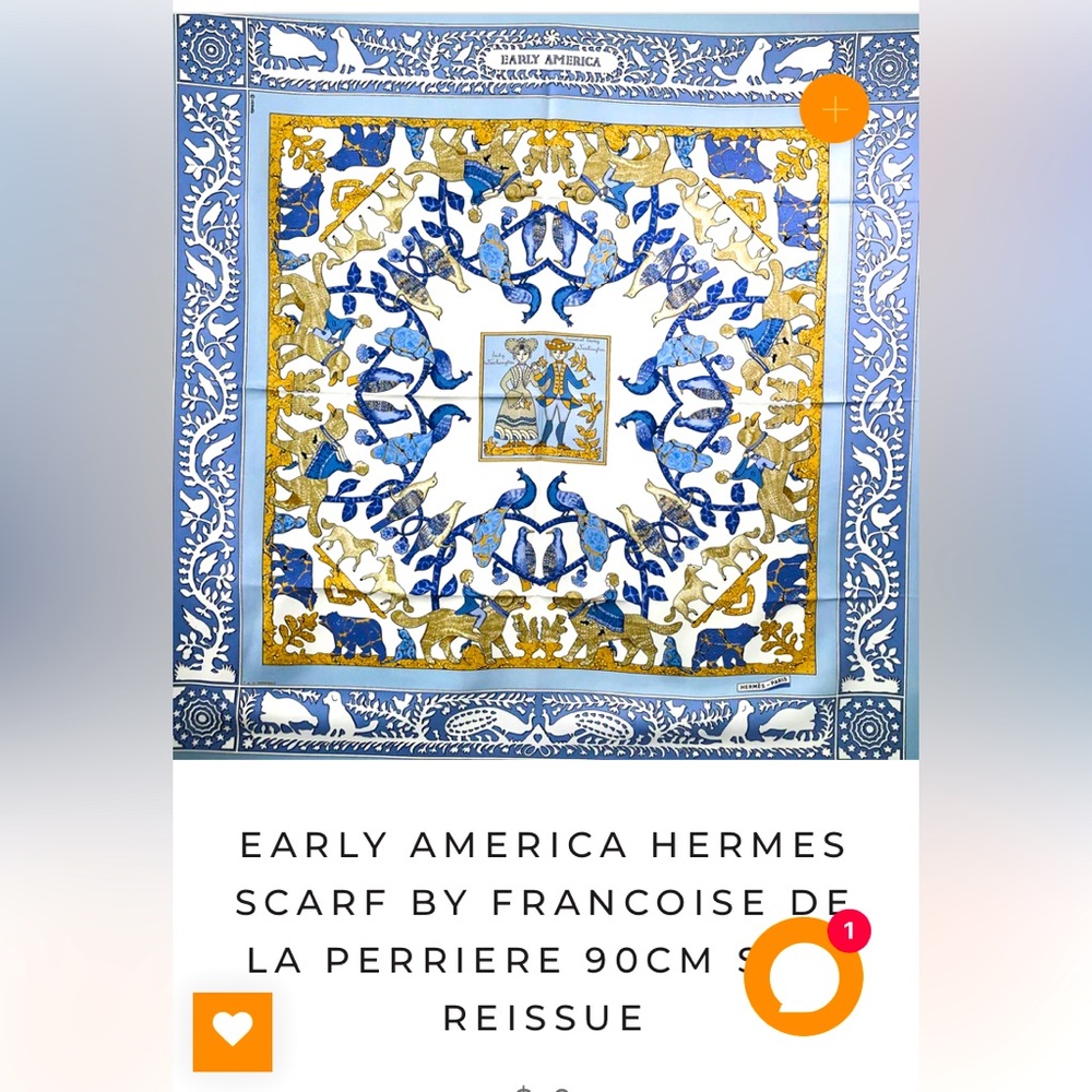 Hermes Vintage Blue Early America Silk Scarf Made In France